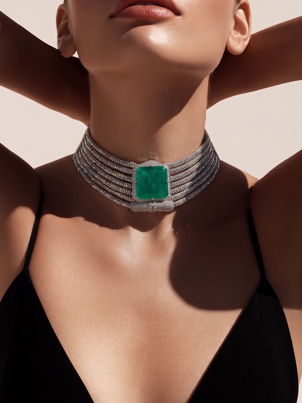 Emerald Centerpiece Multi-Row Crystal Glass Choker set - Mint Green